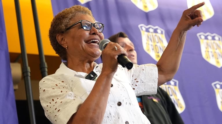 Los Angeles Mayor Karen Bass addresses union members during a...