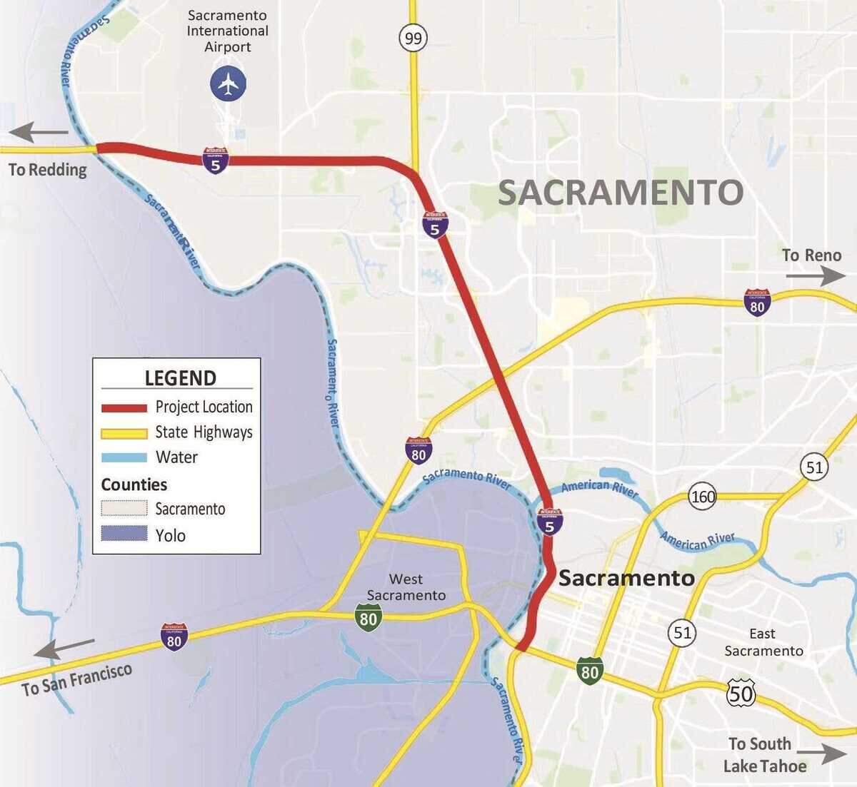 The proposed Interstate 5 project would add high-occupancy toll lanes along a roughly 12-mile stretch between the Highway 50 interchange in downtown Sacramento and the Sacramento International Airport area.