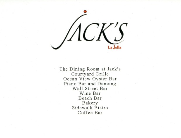 A card describes the offerings at Jack's La Jolla. (La Jolla Historical Society)