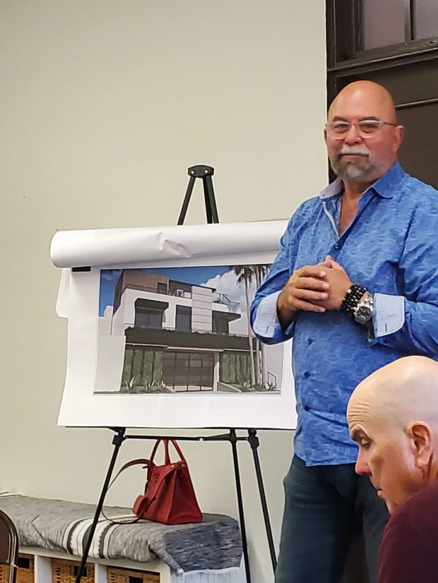 Claude Anthony Marengo presents plans for a new residence on La Jolla Boulevard to the La Jolla Planned District Ordinance Committee on Oct. 14. (Ashley Mackin-Solomon)