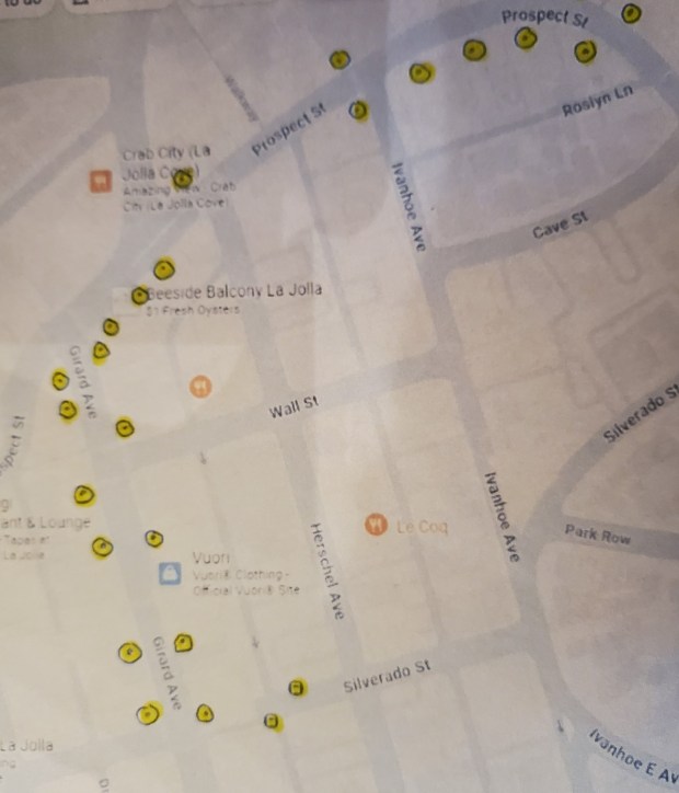 A map shows approved locations for the La Jolla Village Merchants Association's "wayfinding" banner program. (Photo by Ashley Mackin-Solomon)