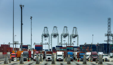 Trucks enter the Port of Long Beach.