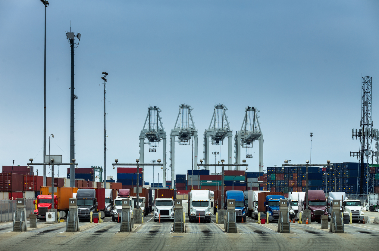 Trucks enter the Port of Long Beach.