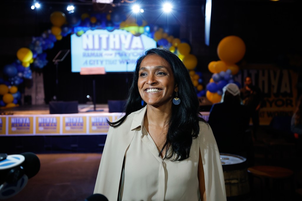 Los Angeles mayoral candidate Nithya Raman smiles during her election night party.