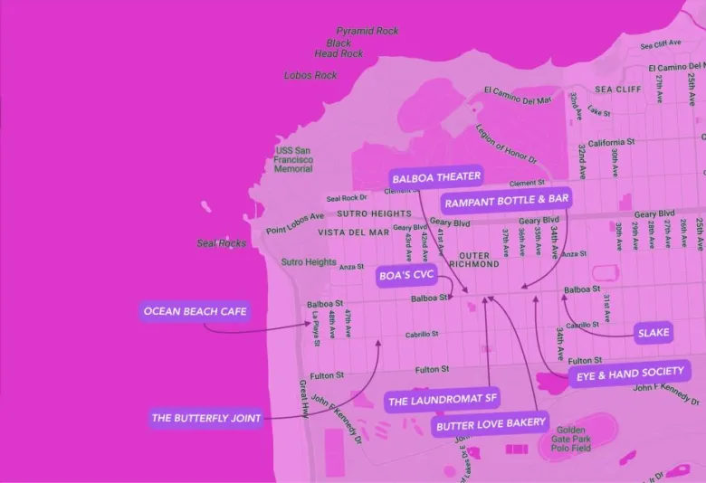 A stylized map of western San Francisco highlights several businesses, landmarks, and streets in the Outer Richmond and Outer Sunset neighborhoods on a pink background.