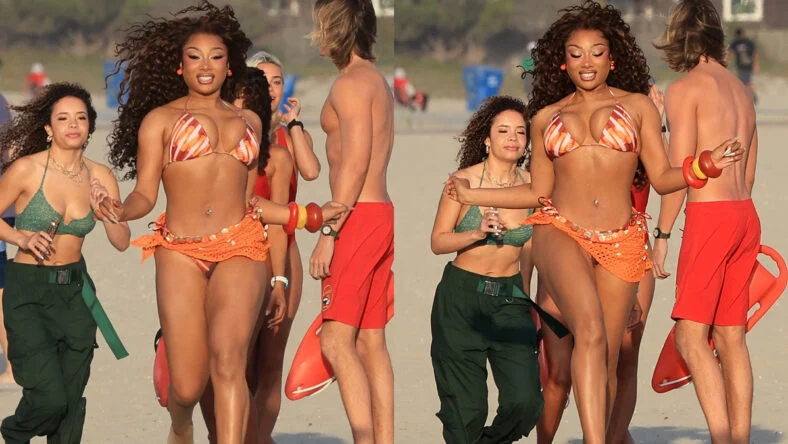 Megan thee Stallion filming the iconic "Baywatch" run on the beach