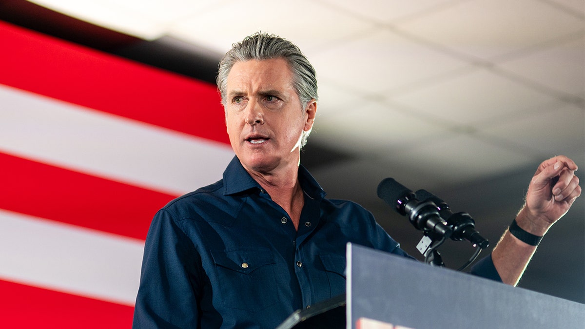 California Gov. Gavin Newsom speaking at a rally in Houston, Texas.