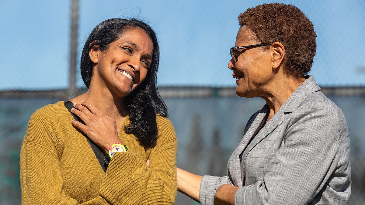 Los Angeles City Council member Nithya Raman talks with Mayor Karen Bass at Hazeltine Park in Sherman Oaks