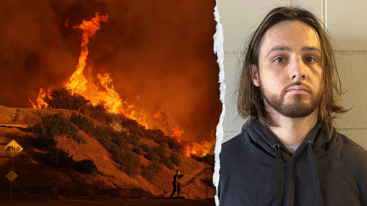 Firefighter battling Palisades Fire in Mandeville Canyon and suspect Jonathan Rinderknecht standing