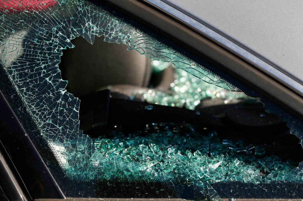 Shattered glass of a broken car window.