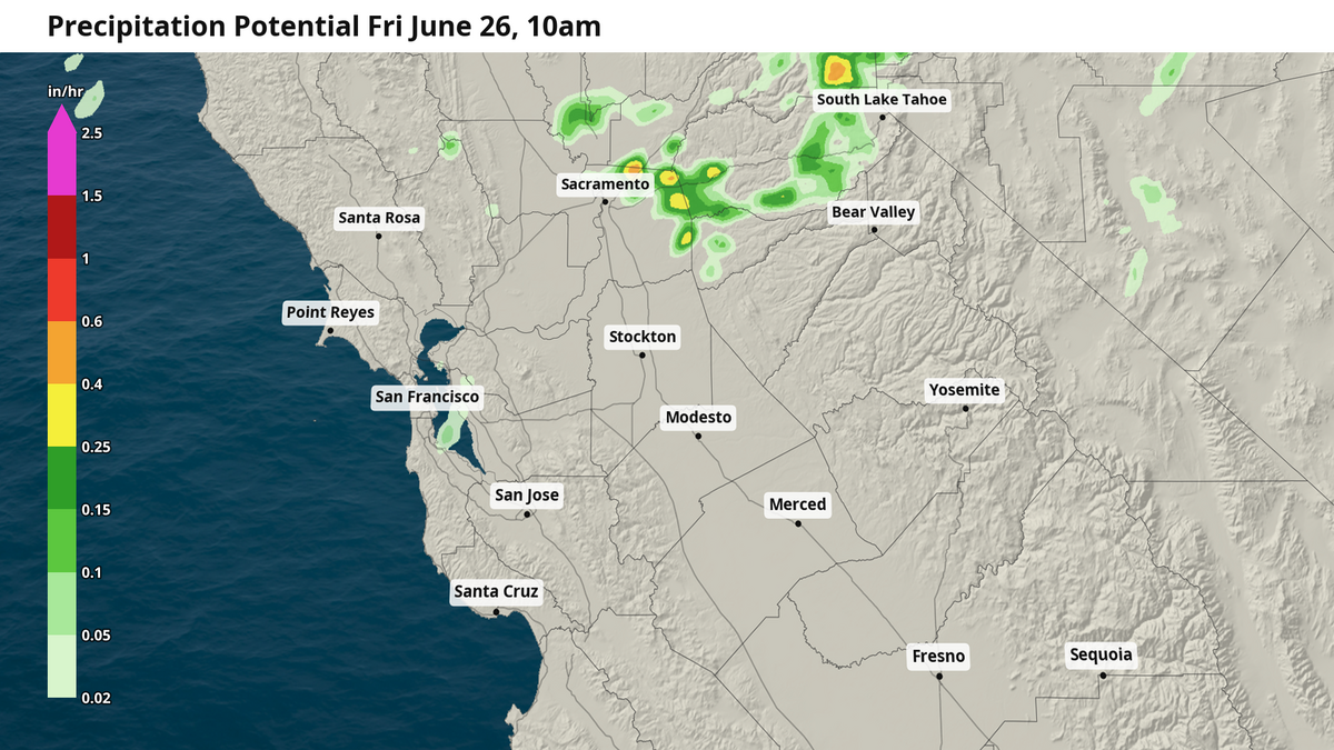 Potential precipitation across the Sacramento Valley at 10 a.m. Friday, June 26. Potential precipitation across the Sacramento Valley at 10 a.m. Friday, June 26.