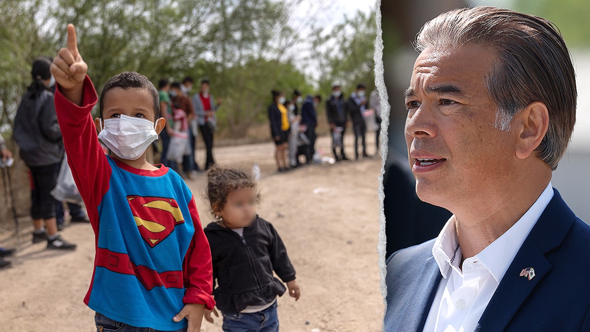 California AG Rob Bonta and a migrant children seen as they try to cross the border