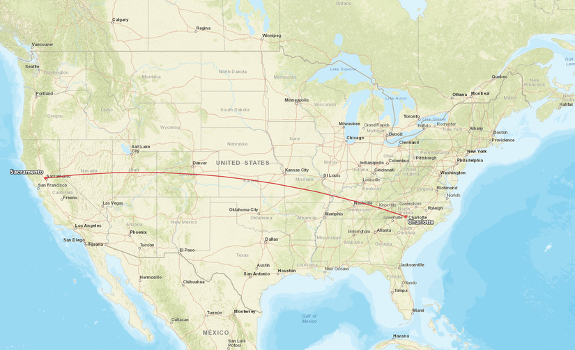 Sacramento Charlotte Route Map