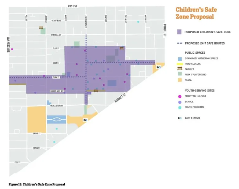Map showing the proposed Children’s Safe Zone and 24/7 safe routes in a city area, highlighting public spaces and youth-serving sites such as schools, parks, and housing.
