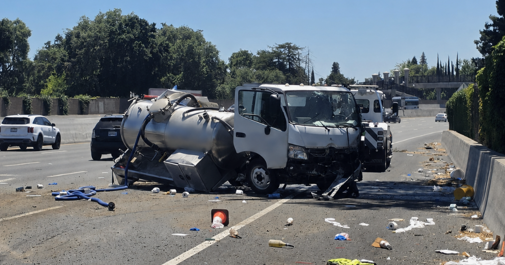 Traffic backs up on Interstate 5 in Sacramento after septic truck crash spills sewage