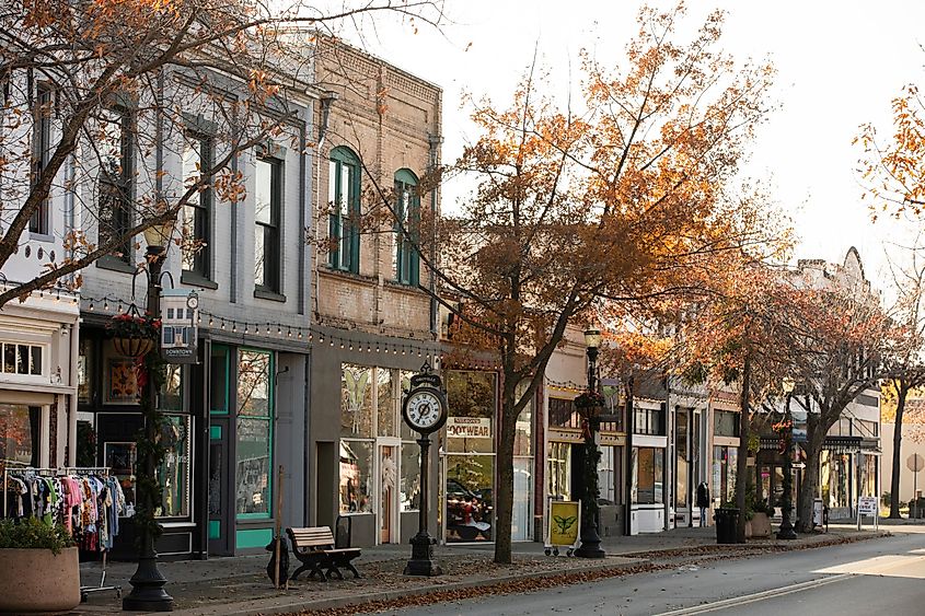 Late afternoon sun shines on historic downtown architecture, Oroville, California