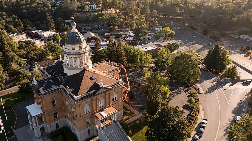 Sunlight shines on the historic 1898 Courthouse in downtown Auburn, California.
