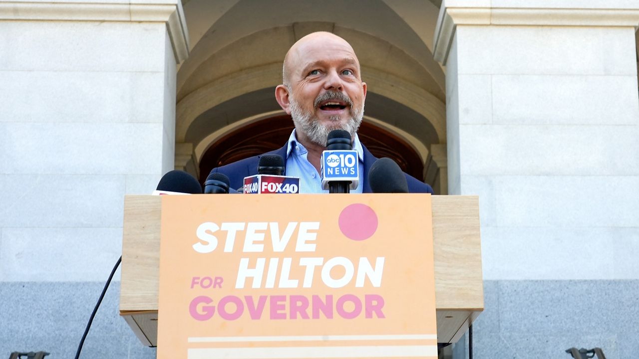 California Republican gubernatorial candidate Steve Hilton speaks to reporters outside the Capitol in Sacramento, Calif., Wednesday, June 3, 2026. (AP Photo/Rich Pedroncelli)