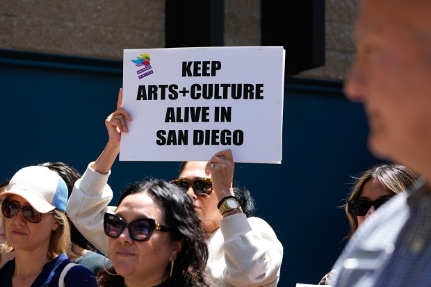 Artists, musicians and other supporters of the arts demonstrate in April against San Diego Mayor Todd Gloria's proposed budget cuts to arts funding. (Nelvin C. Cepeda / The San Diego Union-Tribune)