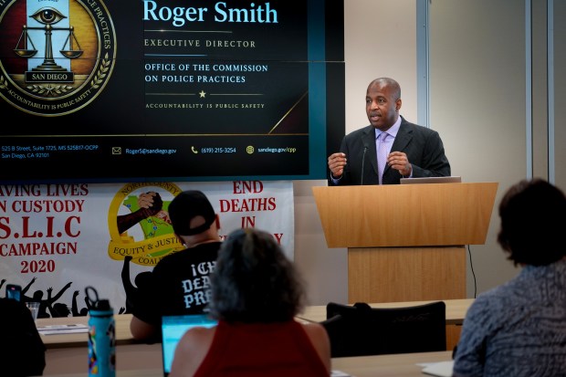 Roger Smith, the executive director for San Diego's Commission on Police Practices, spoke during a community forum about police accountability on Saturday, June 6, 2026, in San Diego, CA. (Nelvin C. Cepeda / The San Diego Union-Tribune)
