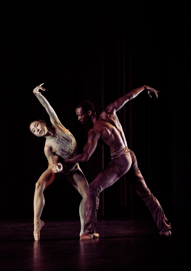 Dancers Isabella Seo and Brian Bennett rehearse for Pointeworks' "Nocturnes: 5 Ballets," being presented Saturday in La Jolla. (Hannah Cox)