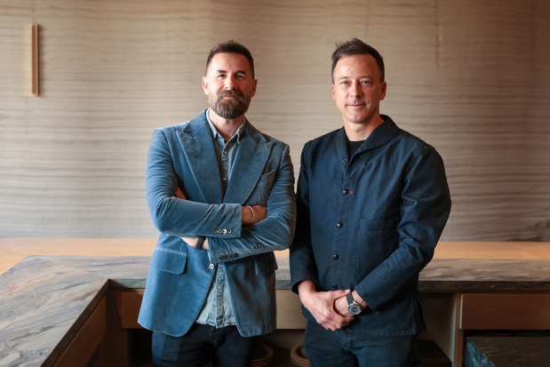 Restaurateur John Resnick, left, and executive chef Eric Bost inside Lilo, their Michelin-starred 24-seat tasting-menu restaurant in Carlsbad. (Elodie Bost)