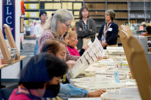 Before sending the ballots for tabulation for the 2026 primary election, poll workers at the San Diego County Registrar's of Voters office extract and prepare the ballots. (Nelvin C. Cepeda / The San Diego Union-Tribune)