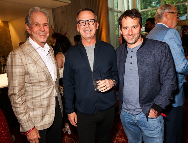 William Bradley, chef-director of San Diego's Michelin three-star Addison by William Bradley, center, with fellow three-star chef Thomas Keller of The French Laundry, left, and two-star chef Chris Bleidorn of Birdsong at the 2025 Michelin Guide California Awards Ceremony in Sacramento. (Marc Patrick / BFA.com)