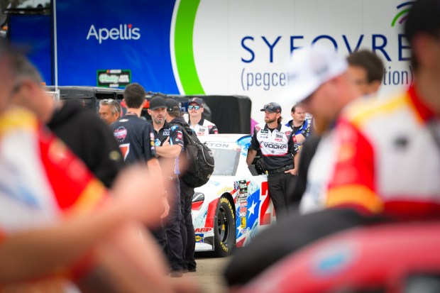 Teams roll their cars from the garage into pit row for practice during the NASCAR O'Reilly Auto Parts Series at NAS North Island on Saturday, June 20, 2026, in NAS North Island, Coronado, CA. (Nelvin C. Cepeda / The San Diego Union-Tribune)