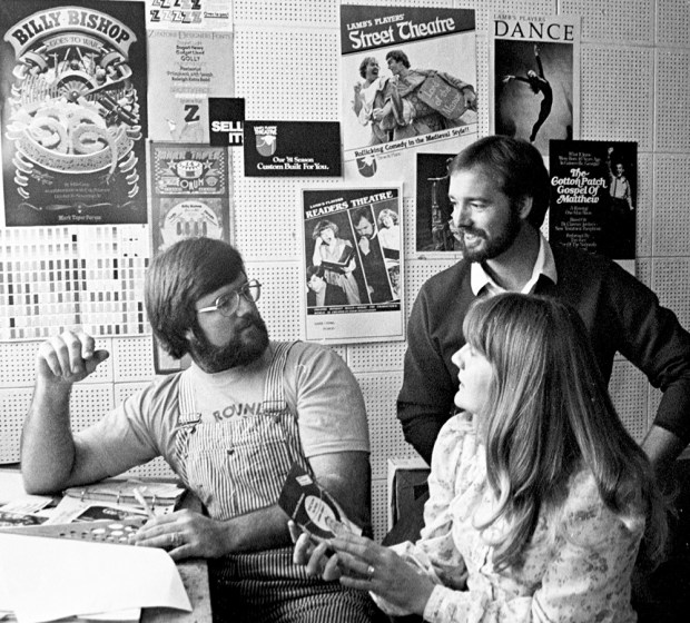 Christian "Chris" Turner, left, Robert Smyth and Kerry Meads in the Lamb's Players Theatre offices in 1981, just after Smyth was promoted to artistic director. (Lamb's Players Theatre)