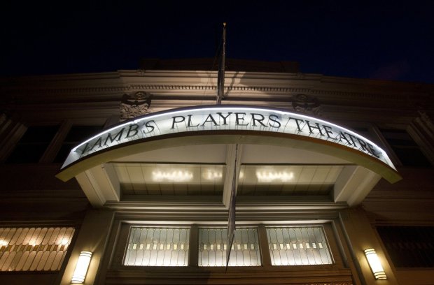The marquee for Lamb's Players Theatre, headquartered since 1994 in the historic Spreckels Building at 1142 Orange Ave. in Coronado. Before that, the company was based in National City. (Lamb's Players Theatre)