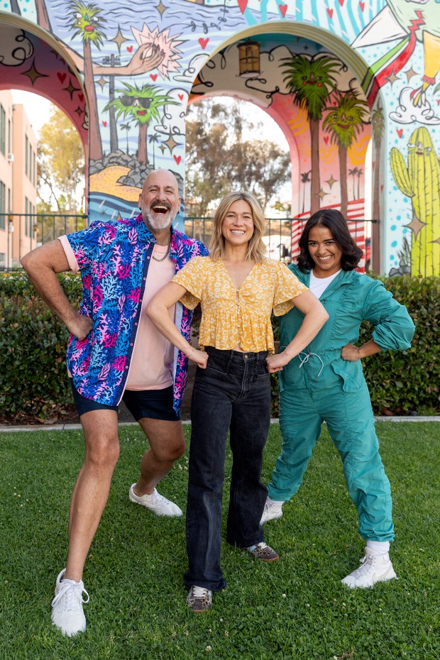 Berto Fernández s Patrick Star, left, Bailey Lee as SpongeBob SquarePants, center, and Rebecca Murillo as Sandy Cheeks in Cygnet Theatre's production of "The SpongeBob Musical." (Karli Cadel)