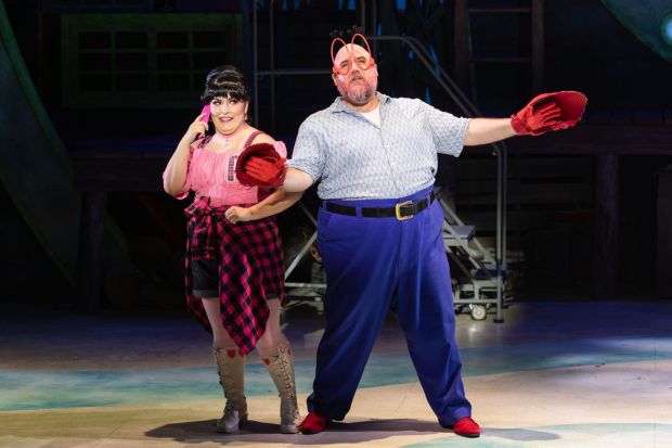 Brittany Adriana Carrillo, left, as Pearl, and Kürt Norby as Eugene H. Krabs in Cygnet Theatre's "The SpongeBob Musical." (Karli Cadel)