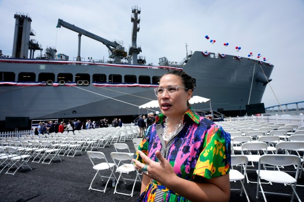 Cecilia Marshall, granddaughter of Thurgood Marshall, spoke with the San Diego Union-Tribune about growing up with her grandfather. Early Marshall was one of three co-sponsors who christened the USNS Thurgood Marshall at NASSCO on Saturday, June 6, 2026, in San Diego, CA.  (Nelvin C. Cepeda / The San Diego Union-Tribune)