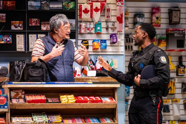 Ins Choi, left, wrote and stars in "Kim's Convenience," a national touring play about Korean immigrants in Canada, opening May 15 at the Old Globe. (Dahlia Katz/American Conservatory Theater)