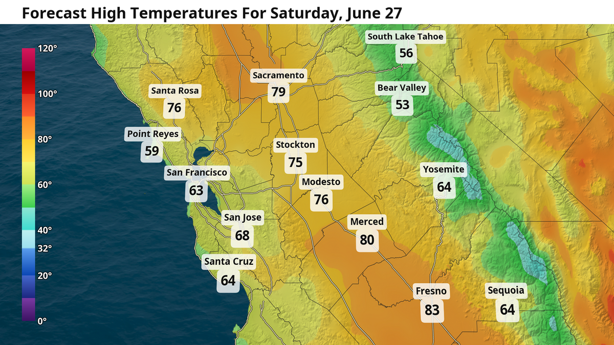 Forecast high temperatures for Saturday, June 27