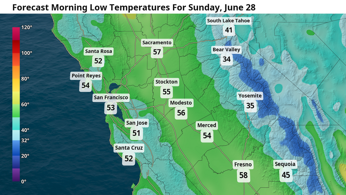Forecast low temperatures for Sunday, June 28