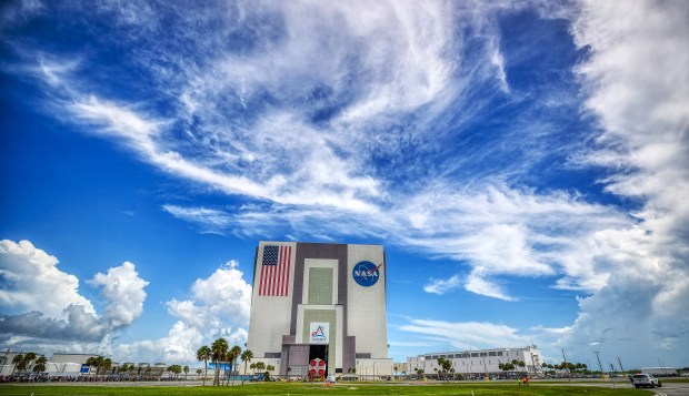 The Core Stage for NASA's Space Launch System rocket is moved from the Pegasus barge to the Vehicle Assembly Building, on Tuesday, July 23, 2024.(Ricardo Ramirez Buxeda/ Orlando Sentinel)