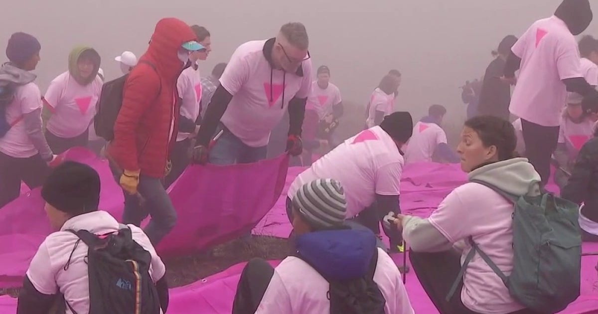 Volunteer to set up San Francisco's Pink Triangle for Pride month