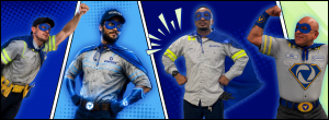 Comic book style image of 4 Vortex Doors technicians wearing superhero cape and eye mask