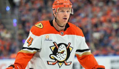 EDMONTON, CANADA - APRIL 28: John Carlson #74 of the Anaheim Ducks skates during Game Five of the First Round of the 2026 Stanley Cup Playoffs against the Edmonton Oilers at Rogers Place on April 28, 2026, in Edmonton, Alberta, Canada.