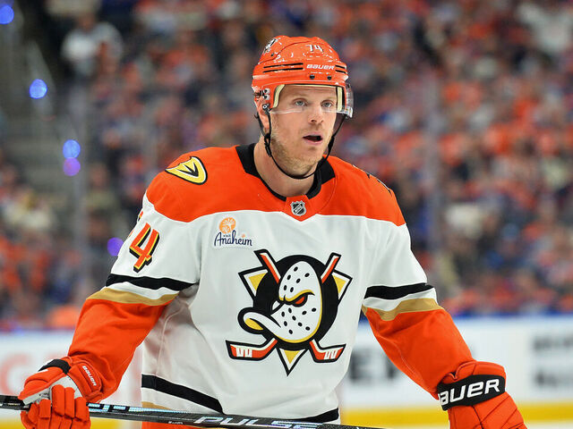 EDMONTON, CANADA - APRIL 28: John Carlson #74 of the Anaheim Ducks skates during Game Five of the First Round of the 2026 Stanley Cup Playoffs against the Edmonton Oilers at Rogers Place on April 28, 2026, in Edmonton, Alberta, Canada.