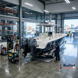 A certified marine technician detailing a consigned center-console boat inside the specialized preparation bay at the Long Beach facility.