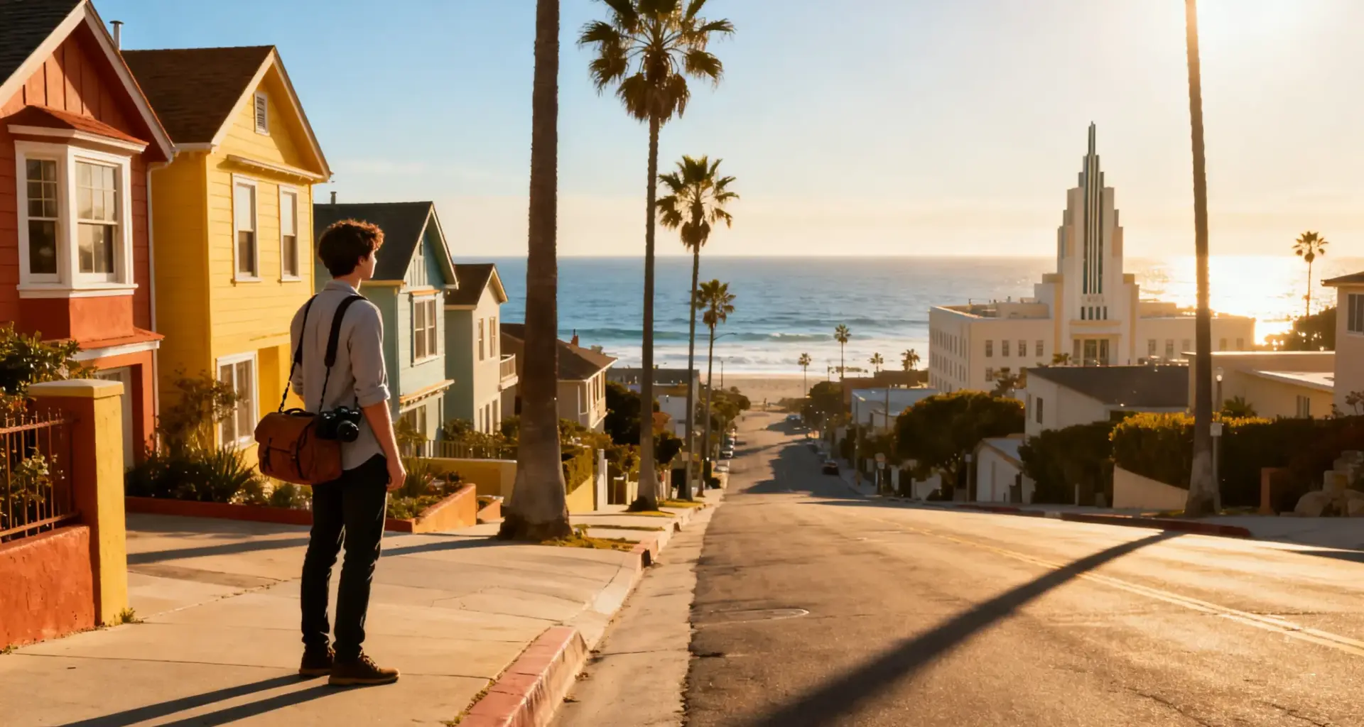 Person with camera bag standing on residential street overlooking ocean at sunset