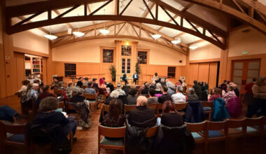 Congregants gather in the sanctuary of Congregation Sha’ar Zahav, San Francisco’s pioneering LGBTQ synagogue, founded in 1977. (Niva Ashkenazi/J. Staff)