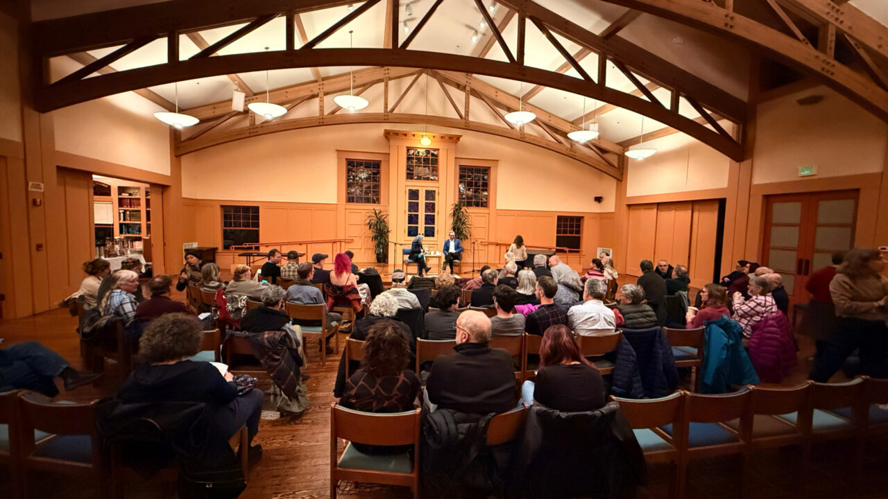 Congregants gather in the sanctuary of Congregation Sha’ar Zahav, San Francisco’s pioneering LGBTQ synagogue, founded in 1977. (Niva Ashkenazi/J. Staff)