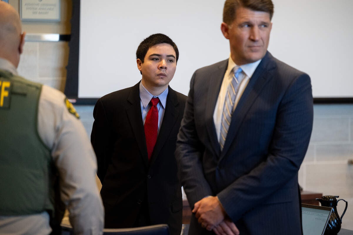 Carlos Reales Dominguez, left, and Yolo County deputy public defender Daniel Hutchinson watch jurors enter the courtroom at Yolo Superior Court in Woodland in June 2025. Dominguez was found guilty Tuesday of involuntary manslaughter in the 2023 Davis knife attacks that killed two men.