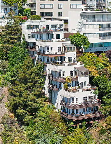 Houses built on a steep green hillside with lush trees and shrubs surrounding them under a clear blue sky.