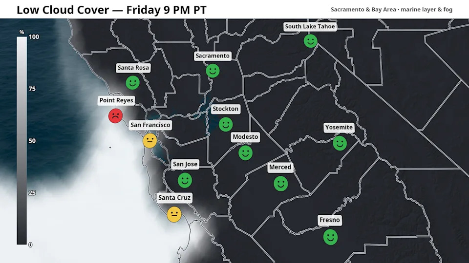 Low clouds and the marine layer on the evening of Friday, July 3. Icons indicate firework viewing conditions.