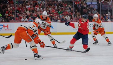 Jan 18, 2025; Sunrise, Florida, USA; Florida Panthers left wing A.J. Greer (10) shoots the puck against the Anaheim Ducks during the first period at Amerant Bank Arena. Mandatory Credit: Sam Navarro-Imagn Images